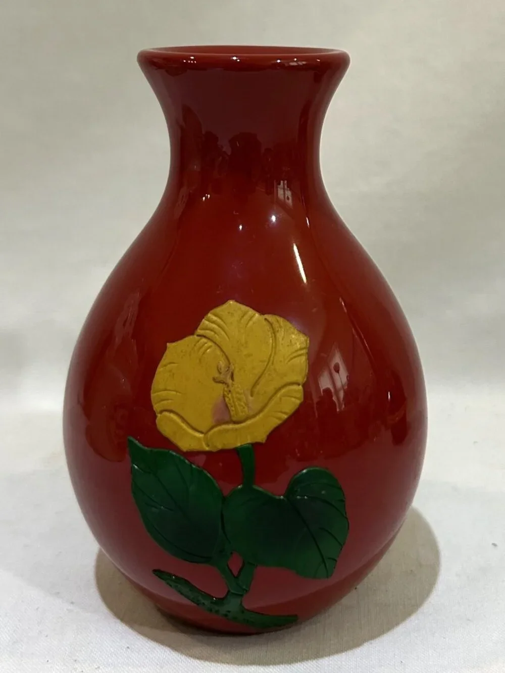 Japanese Red Lacquered Bud Vase Floral Pattern with Plastic Insert